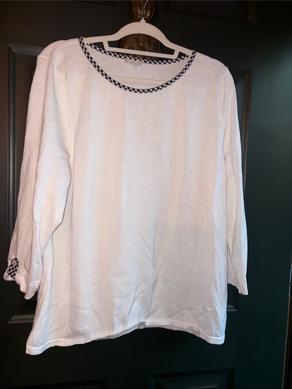 Talbots White Long-Sleeve Knit Tunic with Black-White Check Trim